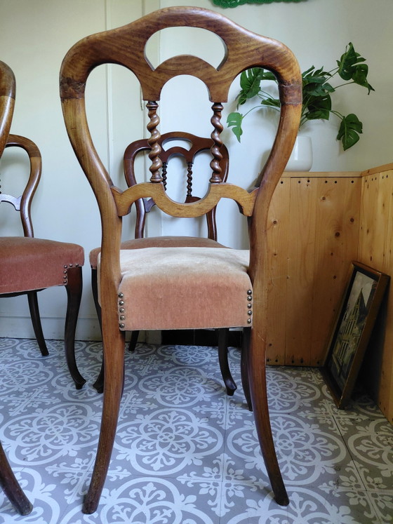 Juego de 4 sillas de comedor antiguas estilo Biedermeier - Buen estado – Velvet, Wood (photo 10 of 13)