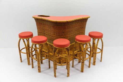 Bamboe bar met 5 bamboe barkrukken, jaren 1950, Italië