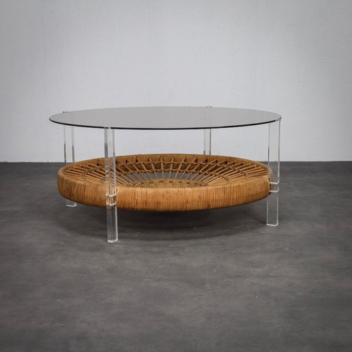 Vintage Round Coffee Table with Rattan Basket (1970s)