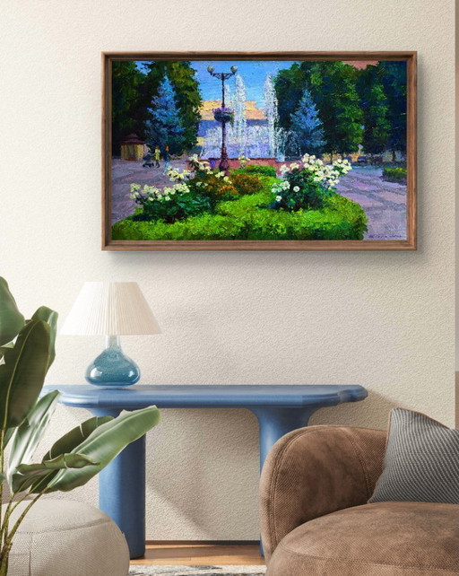 Origineel olieverfschilderij Stadsgezicht Zomer Stadsplein met fonteinen
