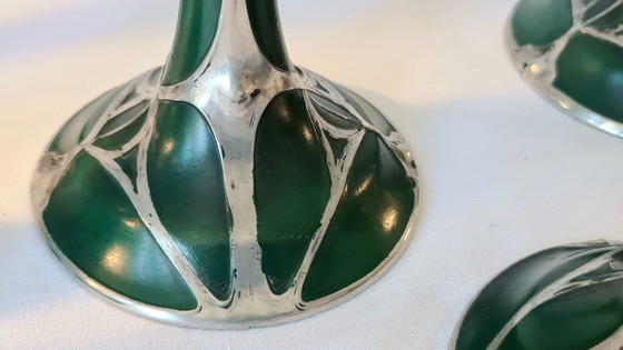 Art Nouveau 8 Glazen Set Kristal op Metalen Voet Groen Zilver 19e Eeuw Top – Glazen & Karaffen, Crystal (photo 9 of 14)