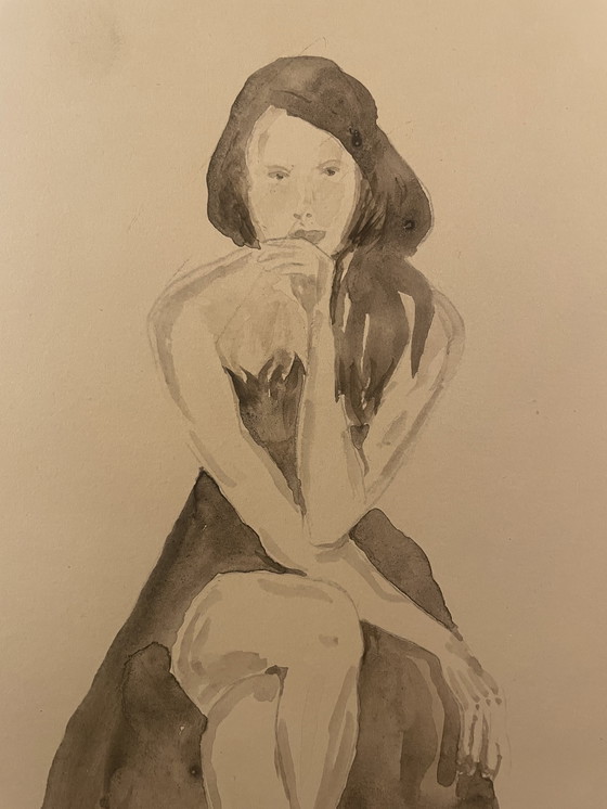 Image 1 of Watercolor Sepia Portrait of a Woman "La Robe Noire" (The Black Dress)