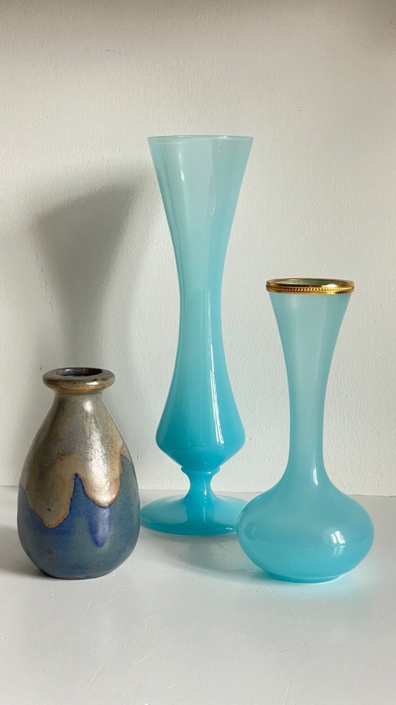 Image 1 of 3 VASES Bleus en GRES et Verre OPALIN Vintage