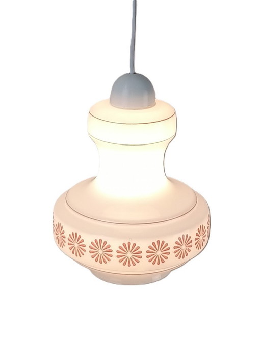 Mid Century Vintage Pendant Light Lunel White Cream Glass With Pink Flower