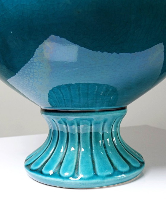 Image 1 of Turquoise en kobaltblauwe geglazuurde aardewerken vaas/plantenbak van D. Dinis, jaren 1960-1980.