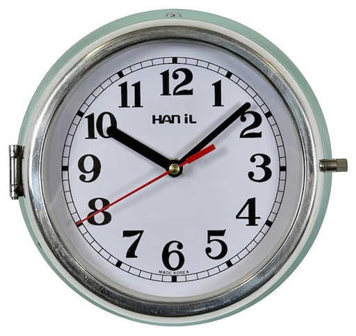 Reloj de pared vintage con barco Hanil azul, década de 1980