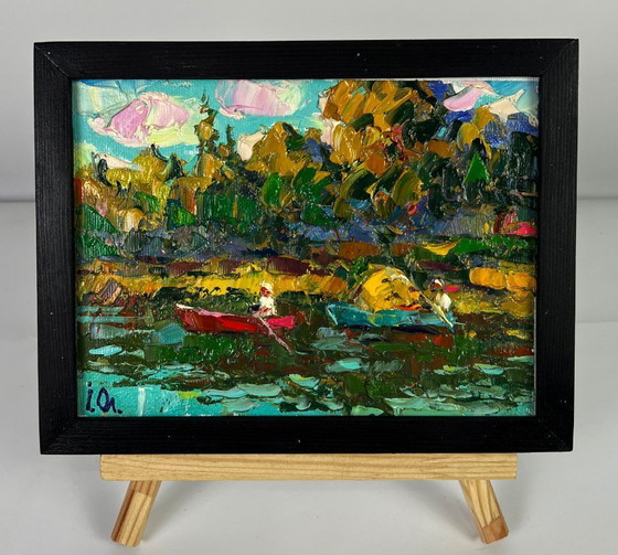 Image 1 of Peinture à l'huile originale représentant un paysage naturel en forêt d'été, sur des bateaux le long de la rivière