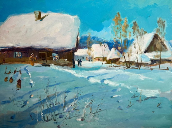 Image 1 of Original Oil Painting Winter Village Landscape Village Winter Tale