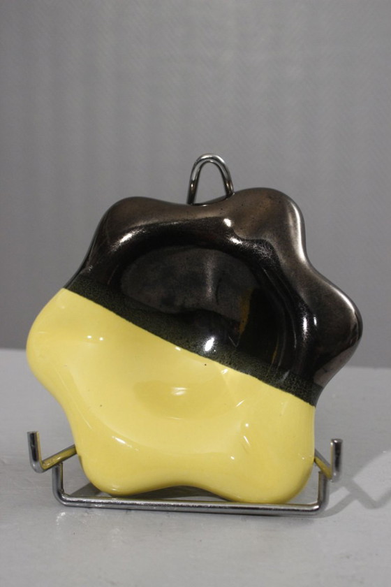 Image 1 of Luc in Vallauris - Vintage ceramic trinket tray with black, gilt & yellow enamel, France, 1950s