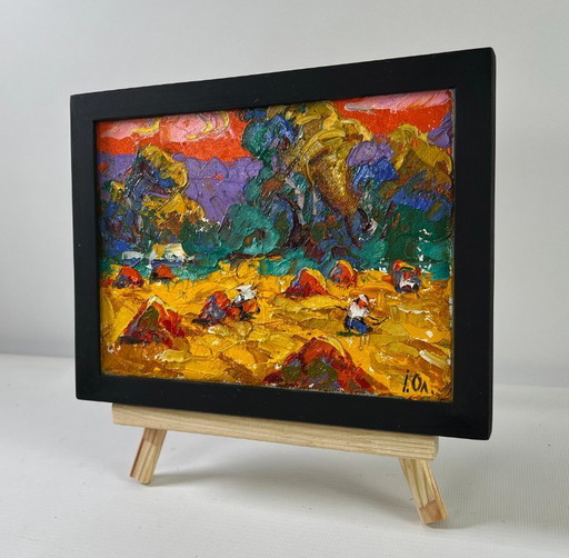 Original Oil Painting Autumn Evening Landscape Noon on the field