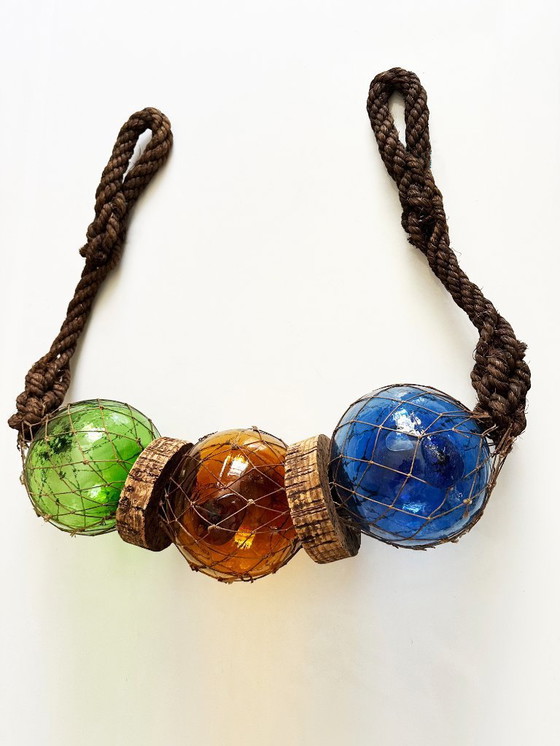 Image 1 of Visdobber gemaakt van geblazen glas, kurk en touw. Frankrijk, jaren 60.