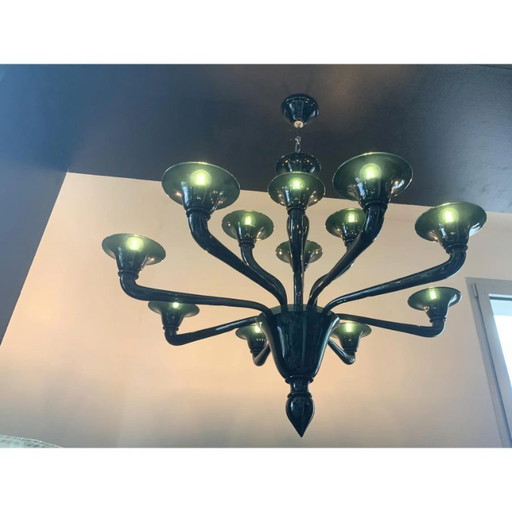 Lampadario in vetro verde bottiglia traslucido, stile Murano contemporaneo
