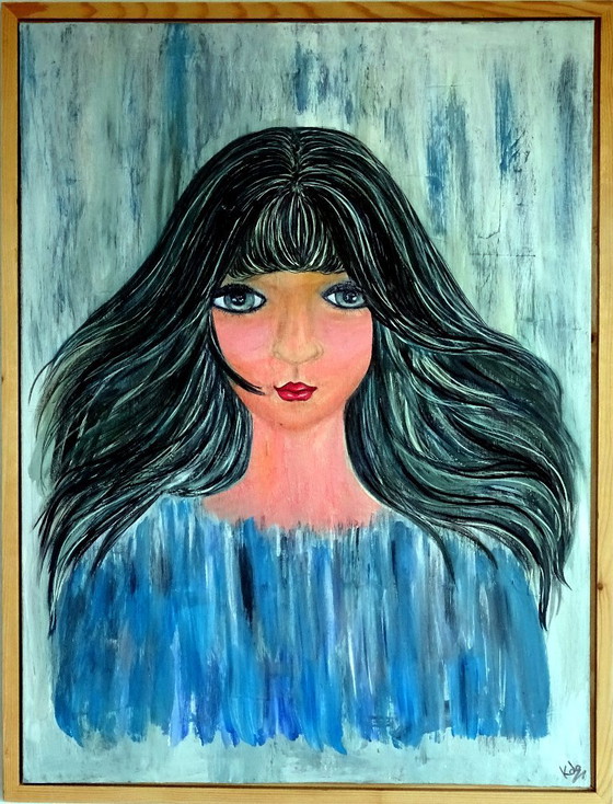 Painting of a woman with long dark hair, Paintings & Drawings, Wood, Canvas, Blue, Figuratief (photo 2 of 8)
