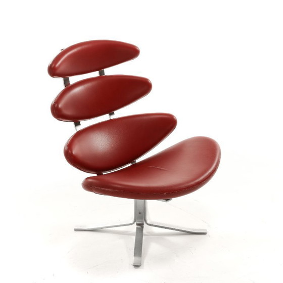 Image 1 of Fauteuil Corona En Cuir Rouge Avec Tabouret, Poul M. Volther, Édition Erik Jørgensen, Années 60