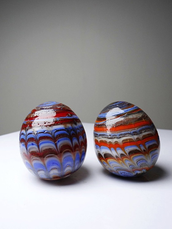 Image 1 of Pair of vintage Murano glass eggs, blown from a cane, circa 1950