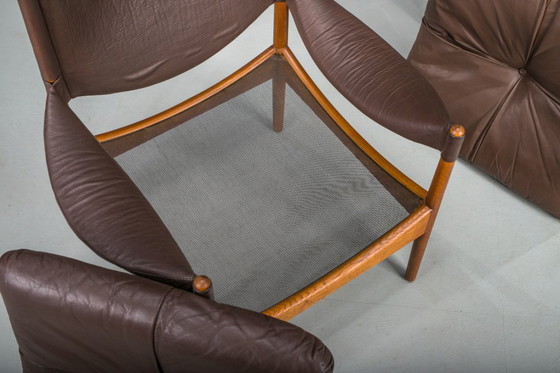 Image 1 of  Mid-Century Modern Danish Oak and Leather Lounge Chairs with Ottoman by Kristian Vedel for Søren Wiladsen, 1960s, Set of 3