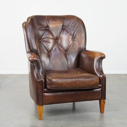 Vintage Schafsleder Sessel in dunklem Cognac mit bequemer Sitzfläche