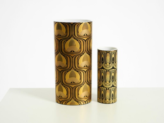 Image 1 of Two beautiful 1970s porcelain vases by Björn Wiinblad for Rosenthal Studio-Linie. Abstract peacock feathers in gold and black