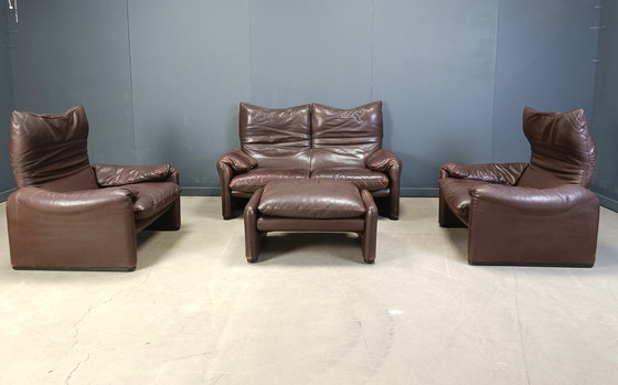 Image 1 of Vintage lederen Maralunga bankstel door Vico Magistretti voor Cassina, 1973