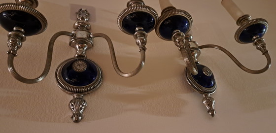 Image 1 of Französische Jugendstil-Wandlampen aus kobaltblauem Glas – 1940er, 2er Set