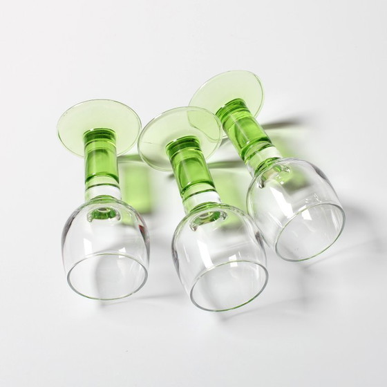 Image 1 of Set of 3 Vintage Limoncino Liquor Glasses / Green Stem Shot Stemware / Bormioli Rocco / Italy / 1970s