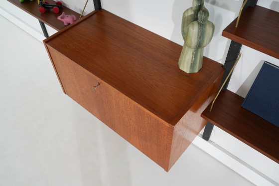 Danish Modular Shelving From The 1970s — Teak Veneer With Black Wall Rails, Ten Shelves – Bookcases, Wood (photo 12 of 18)