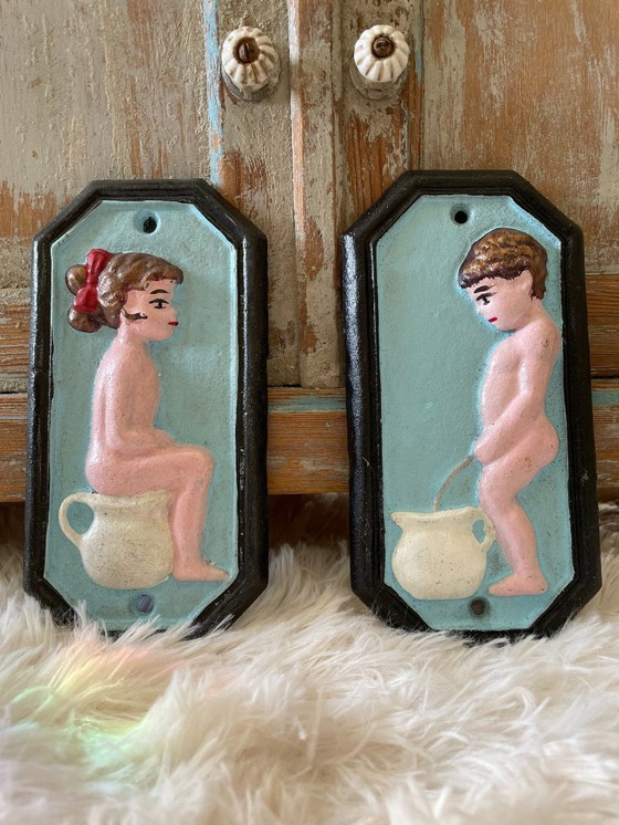 Image 1 of Cartelli per toilette in ghisa vintage per ragazzi e ragazze