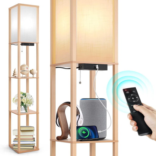OUTON Lampadaire avec Etagere, Moderne Dimmable LED avec Telecommande, 1 Ports de Charge USB et 1 Type C, 4 Temperatures de Coul
