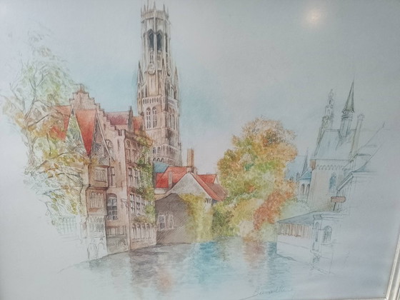 Image 1 of Watercolor print of a Flemish landscape, signed