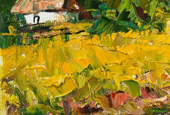 Image 1 of Origineel olieverfschilderij: Landschap met een zomerhuisje en de middag in het dorp