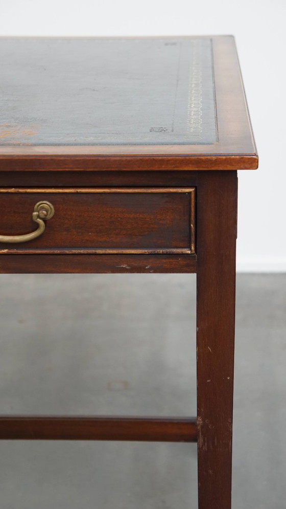 Image 1 of Writing table and a blue cowhide leather chesterfield office chair