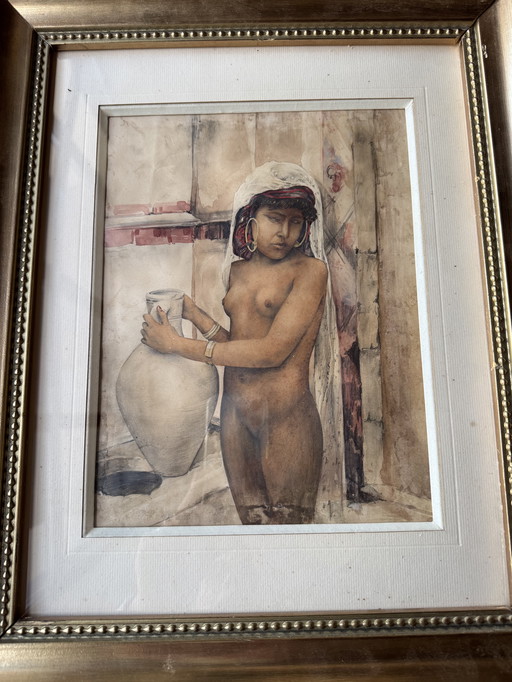 Antique Orientalist Nude Watercolor
