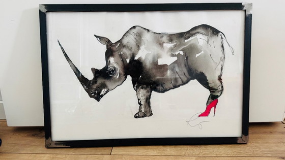 Image 1 of Bronze Rhinoceros statue with matching watercolor painting in cast iron frame