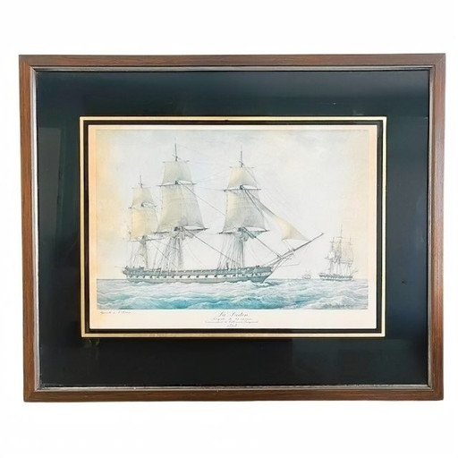 Lithographie maritime encadrée vintage de F. Roux, La Didon, bateau, années 1960