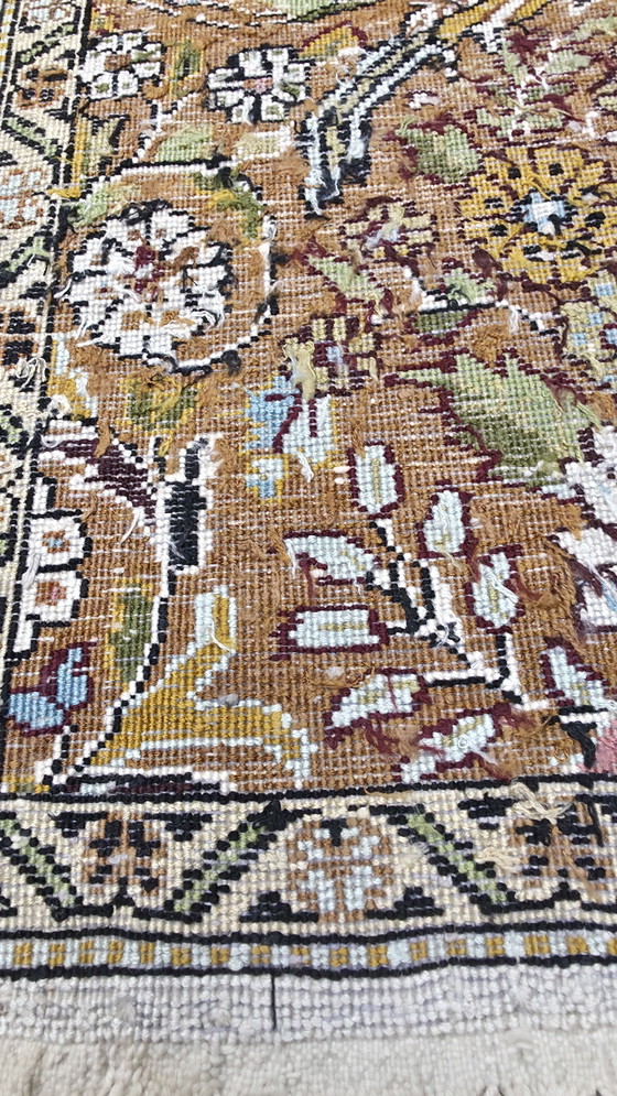 Image 1 of Handgeknoopt oriental zijde Kashmir tapijt mini square Birds 39x39cm