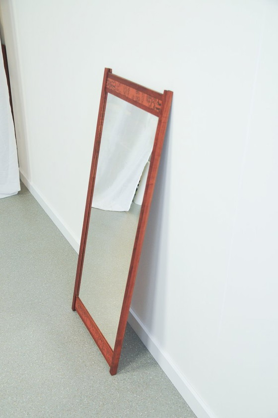 Teak Mirror with Copper Relief Strip – Glass, Wood, Vintage (photo 4 of 8)