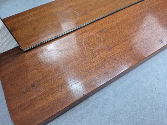 Vintage XXL Mid-Century mirror with shelf in teak veneer., Wood, Brown (photo 10 of 10)