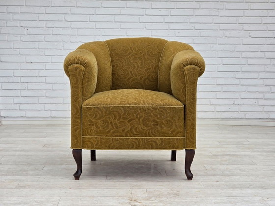 Image 1 of Fauteuil relax danois des années 1950, laine d'ameublement vert clair, bois de chêne.