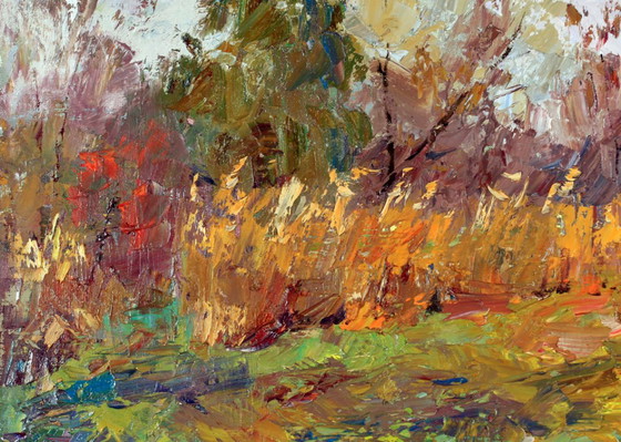 Original Oil Painting Nature Landscape Meadow Autumn Sedge, Paintings & Drawings, Canvas, Orange (photo 7 of 8)