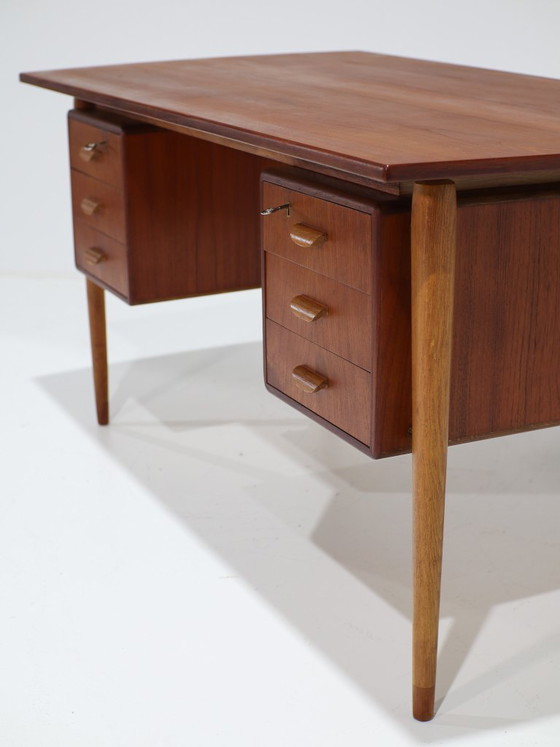 Freestanding teak double-sided Danish 1960s vintage Desk, Wood, Brown, Mid Century Modern (photo 8 of 15)