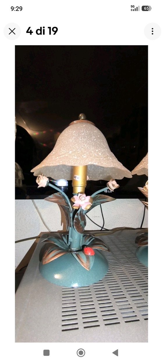 Pair of Vintage Fe Battuto Master Blacksmith Table Lamps H.28 L. – Glass, Iron (photo 4 of 15)