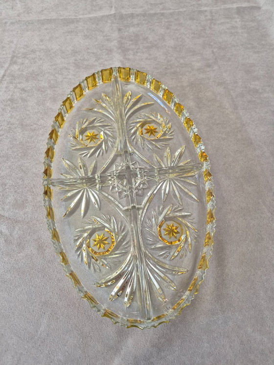 Image 1 of Bandeja ovalada de 4 secciones Walther Glas, detalles en oro y ámbar, bandeja decorativa de cristal, 31,5 cm, excelente estado.