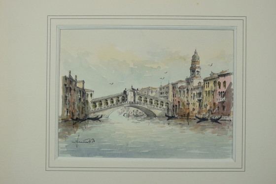 Image 1 of The Rialto Bridge, Venice - Signed and dated watercolor drawing, 1990, framed