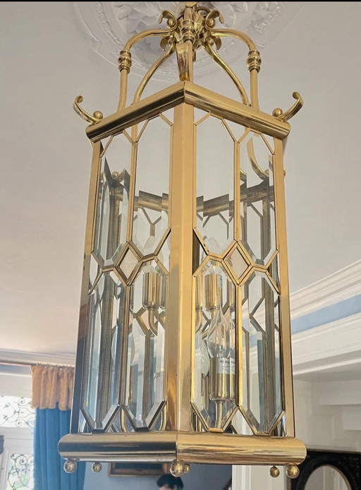 Hanglamp Lustre Française en Verre Biseauté et Laiton Poli