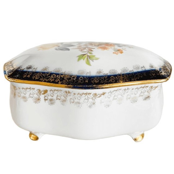Image 1 of Vintage PM Martinroda porcelain jewelry box with flowers and gold, 1950s