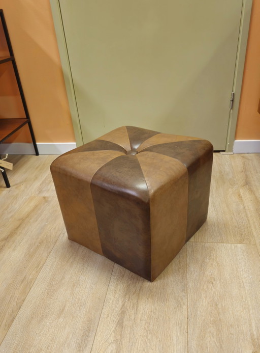 Pouf ottoman vintage en similicuir marron cognac