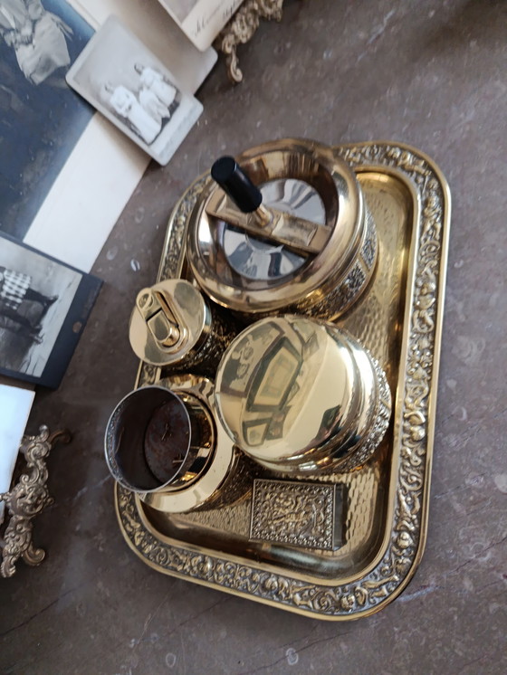 Image 1 of Raucherset Komplett 6Teile!!! Messing Gold Putten Engel Vintage RARITÄT elErhard und Söhne Made in Germany 50er Mid Century