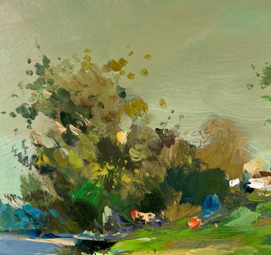 Image 1 of Original Oil Painting Summer Beach Landscape Boat near the shore