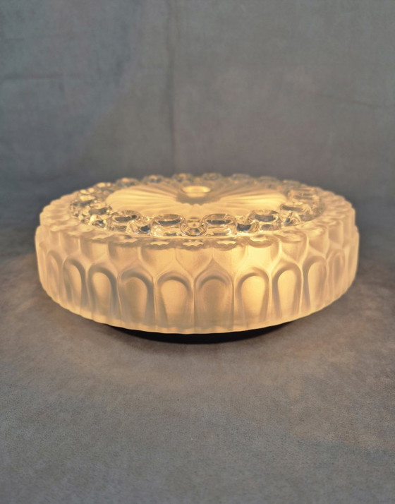 Image 1 of Vintage Pressed Glass Flush Mount Ceiling Light, Mid-Century Style, 2x E27, 29.5 cm