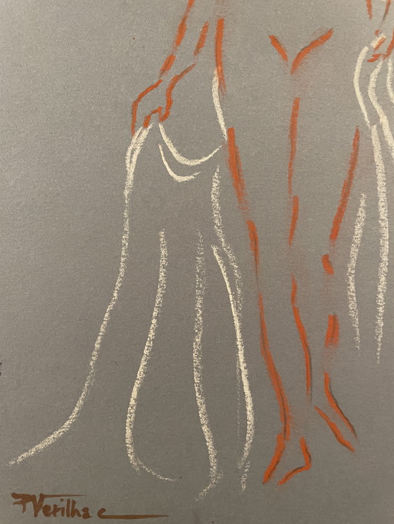 Image 1 of Tableau Signé Sanguine Pastel Blanc Papier Bleu Denim Portrait Femme Bains